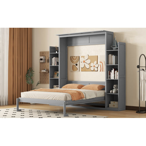 Queen Size Murphy Bed Wall Bed with Shelves and LED Lights,Gray