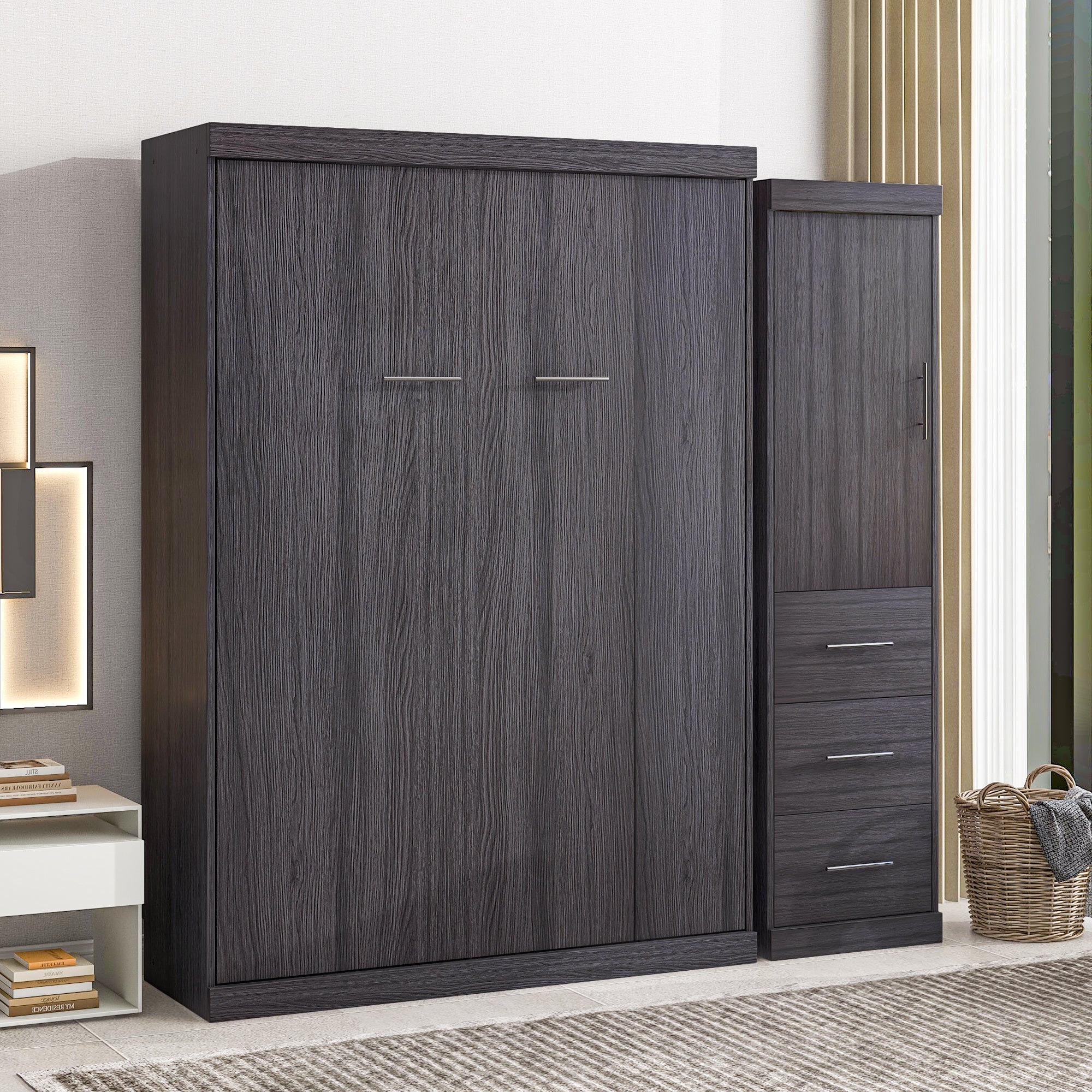 Full Size Murphy Bed with Wardrobe and Drawers, Gray