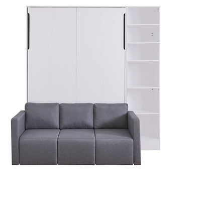 Full Size Murphy Bed Wall Bed with Sofa and Shelves, White