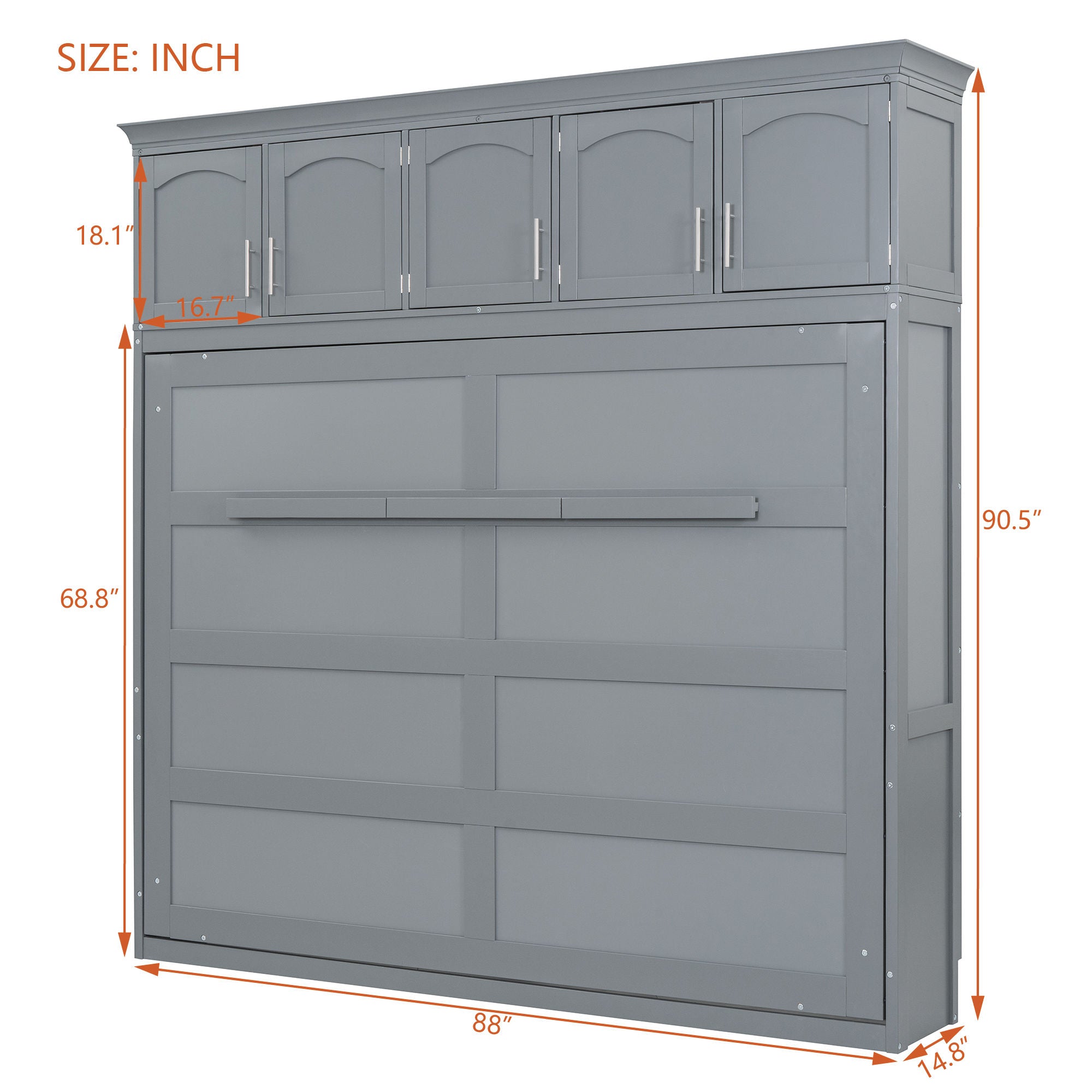 Queen Size Murphy Wall Bed with Top Cabinets, Gray