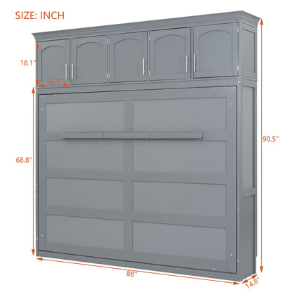 Queen Size Murphy Wall Bed with Top Cabinets, Gray