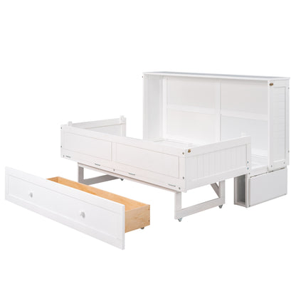 Queen Size Murphy Bed with Drawer and Little Shelves on Each Side, White