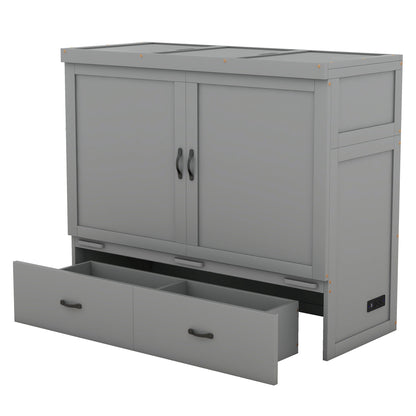 Full Size Murphy Bed with USB Port and a Large Drawer, Gray