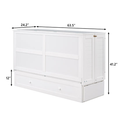 Queen Size Murphy Bed with Drawer and Little Shelves on Each Side, White