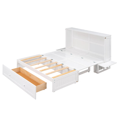 Queen Size Murphy Bed with Drawer and Little Shelves on Each Side, White