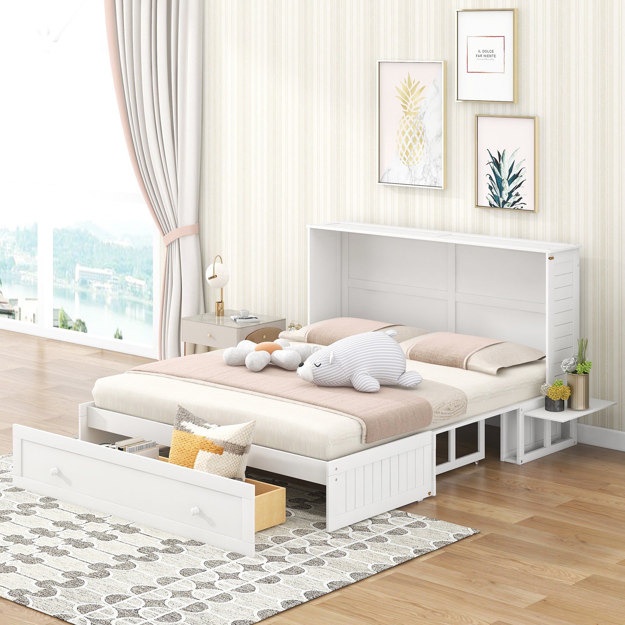 Queen Size Murphy Bed with Drawer and Little Shelves on Each Side, White