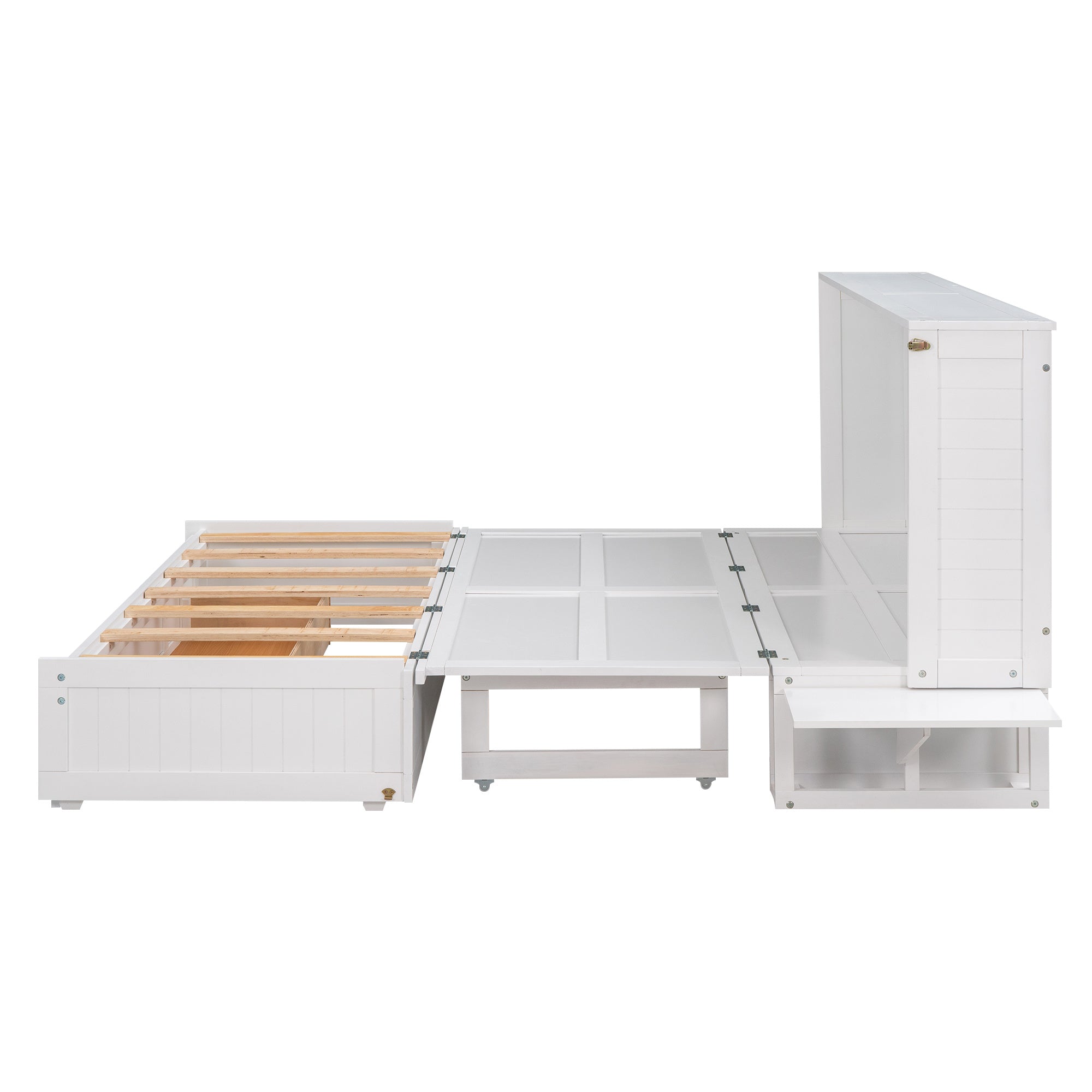 Queen Size Murphy Bed with Drawer and Little Shelves on Each Side, White