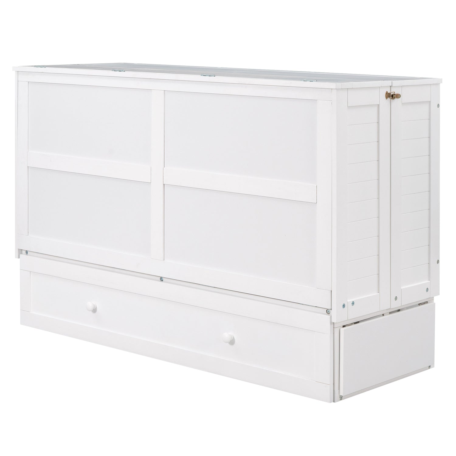 Queen Size Murphy Bed with Drawer and Little Shelves on Each Side, White