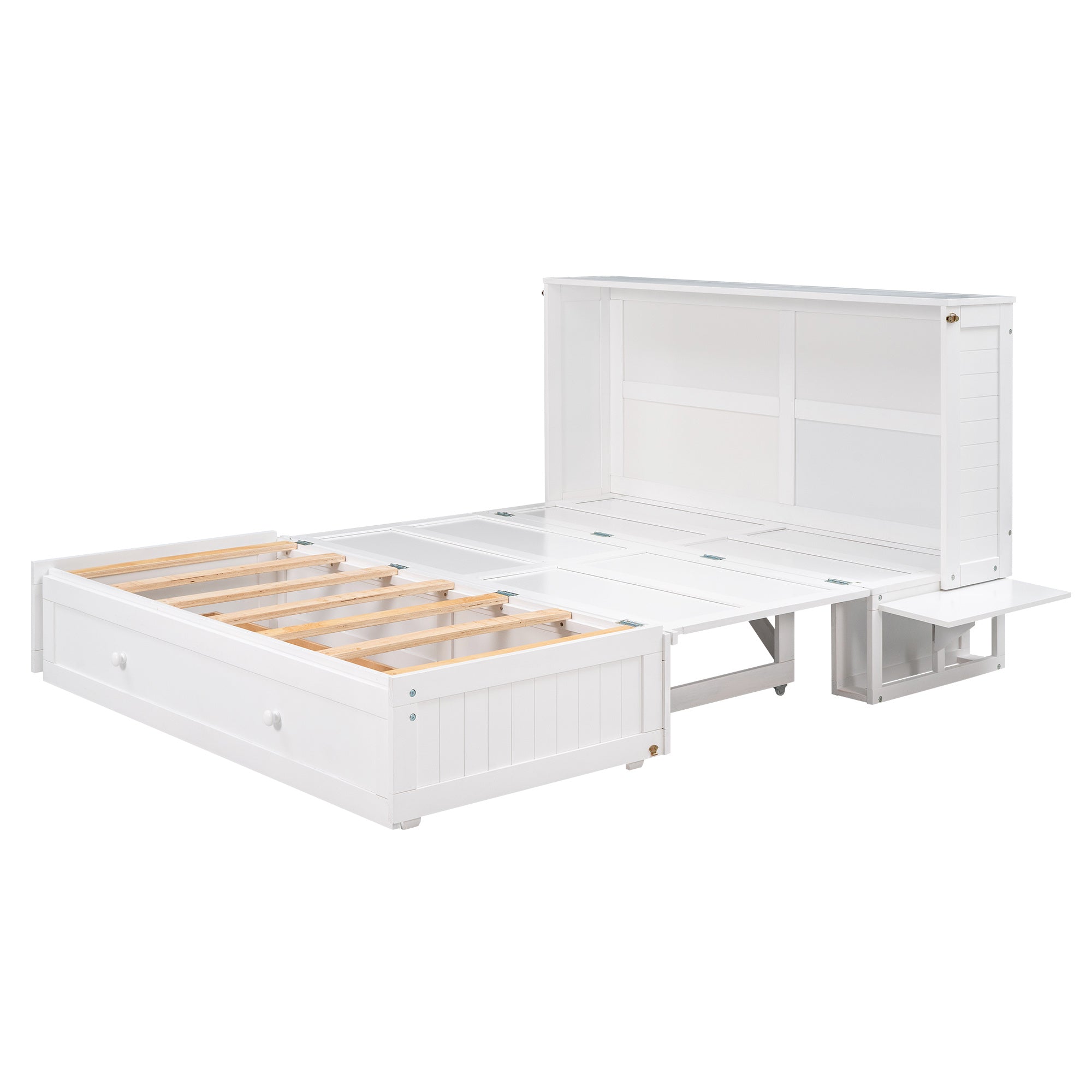 Queen Size Murphy Bed with Drawer and Little Shelves on Each Side, White