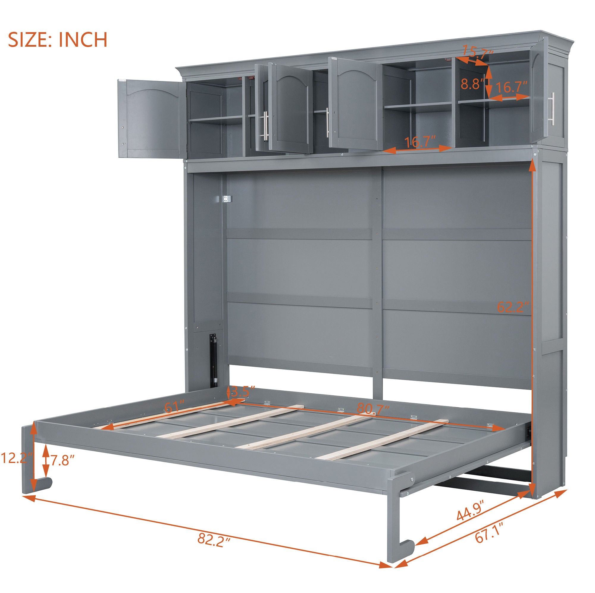 Queen Size Murphy Wall Bed with Top Cabinets, Gray