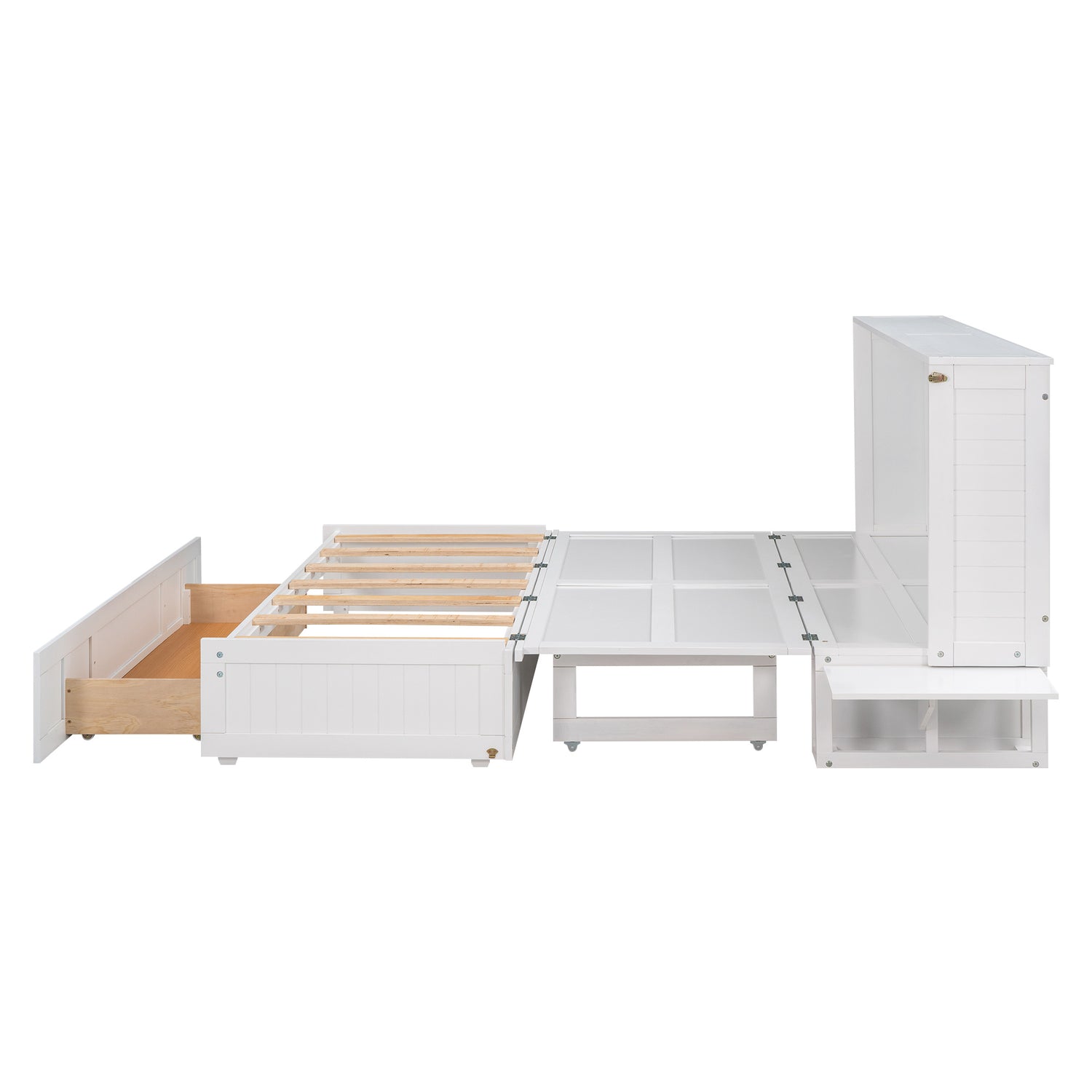 Queen Size Murphy Bed with Drawer and Little Shelves on Each Side, White