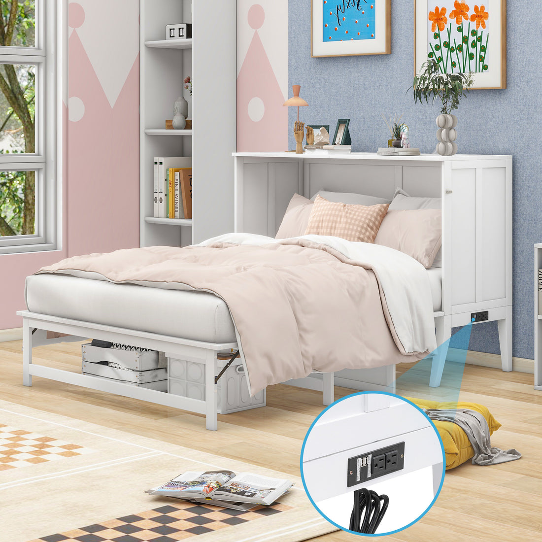 Queen Size Murphy Bed with Built-In Charging Station and a Shelf, White