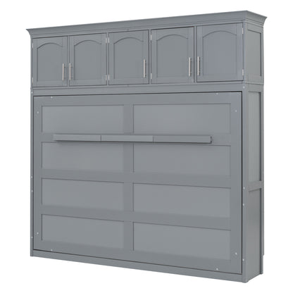 Queen Size Murphy Wall Bed with Top Cabinets, Gray