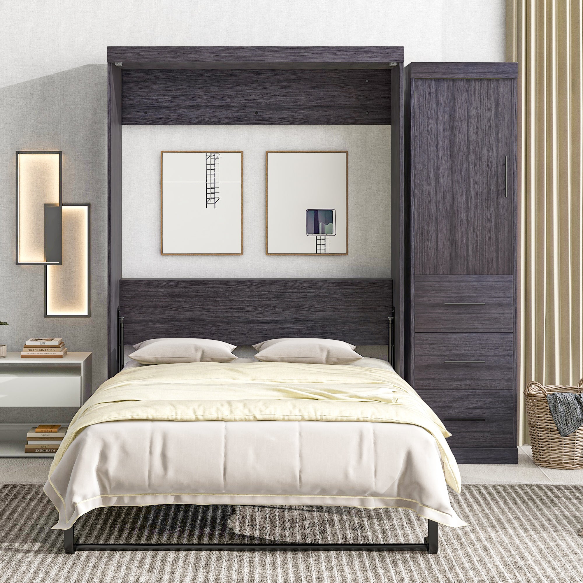 Full Size Murphy Bed with Wardrobe and Drawers, Gray