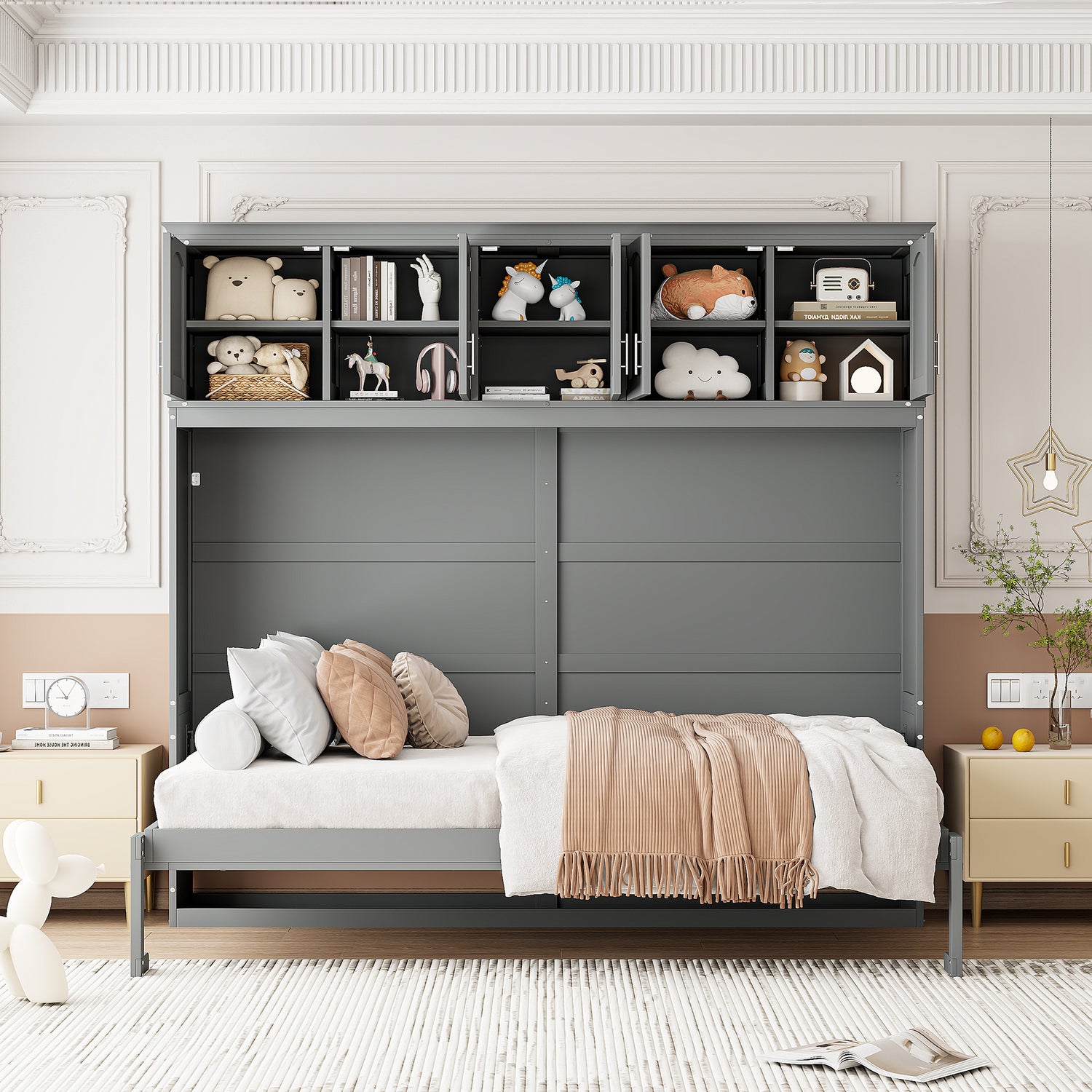 Queen Size Murphy Wall Bed with Top Cabinets, Gray