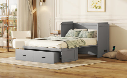 Full Size Murphy Bed with USB Port and a Large Drawer, Gray