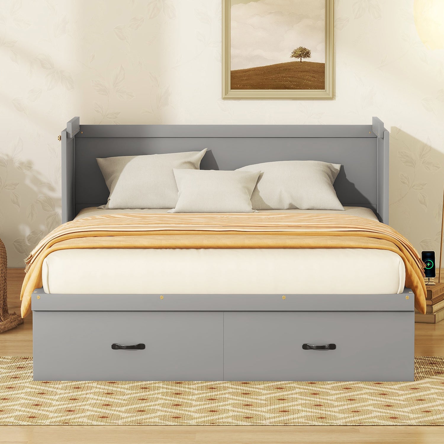 Queen Size Murphy with USB Port and a Large Drawer, Gray