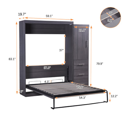 Full Size Murphy Bed with Wardrobe and Drawers, Gray