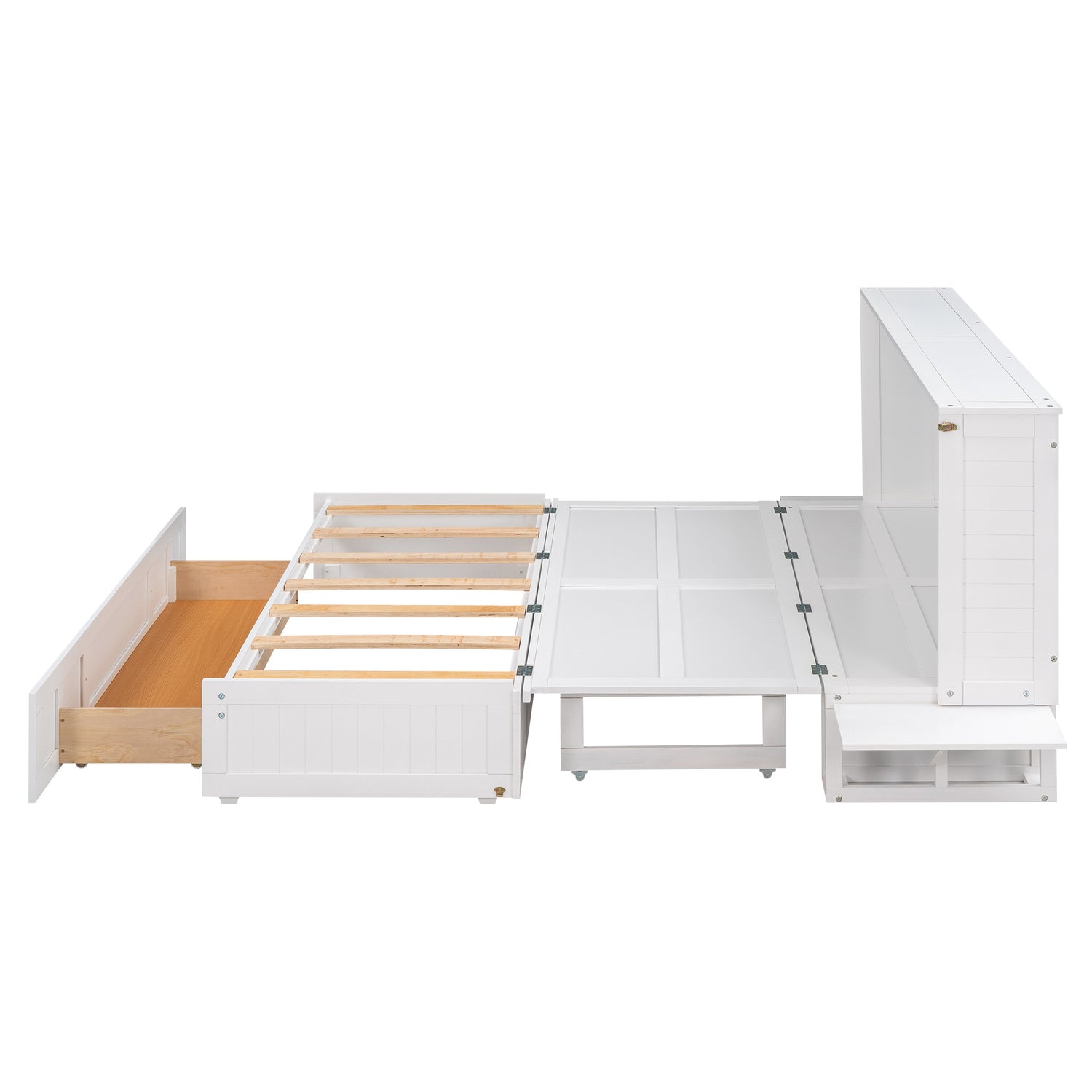 Queen Size Murphy Bed with Drawer and Little Shelves on Each Side, White