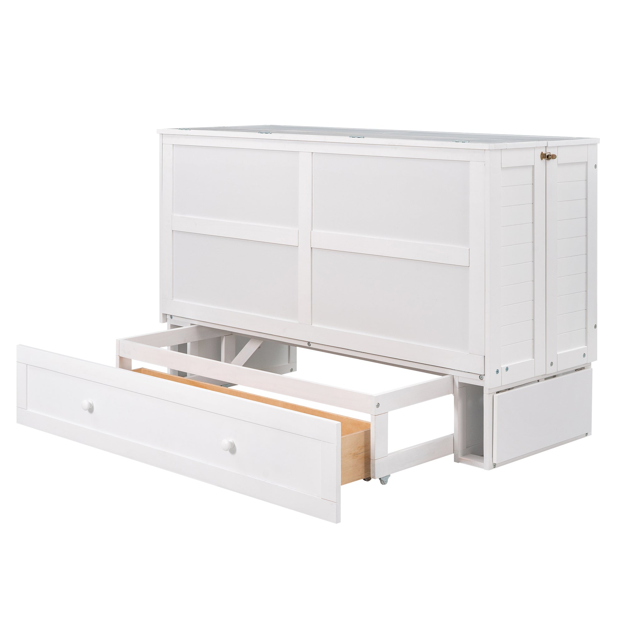 Queen Size Murphy Bed with Drawer and Little Shelves on Each Side, White