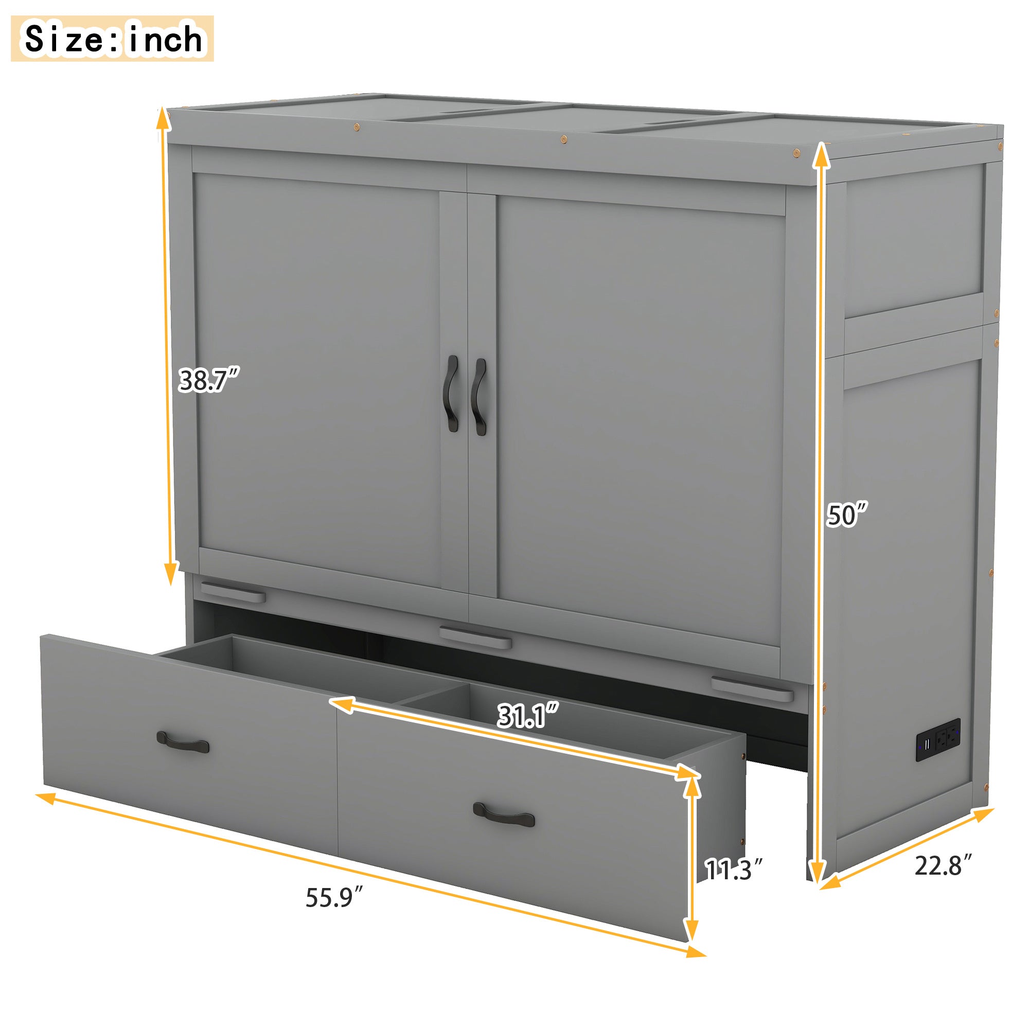 Full Size Murphy Bed with USB Port and a Large Drawer, Gray