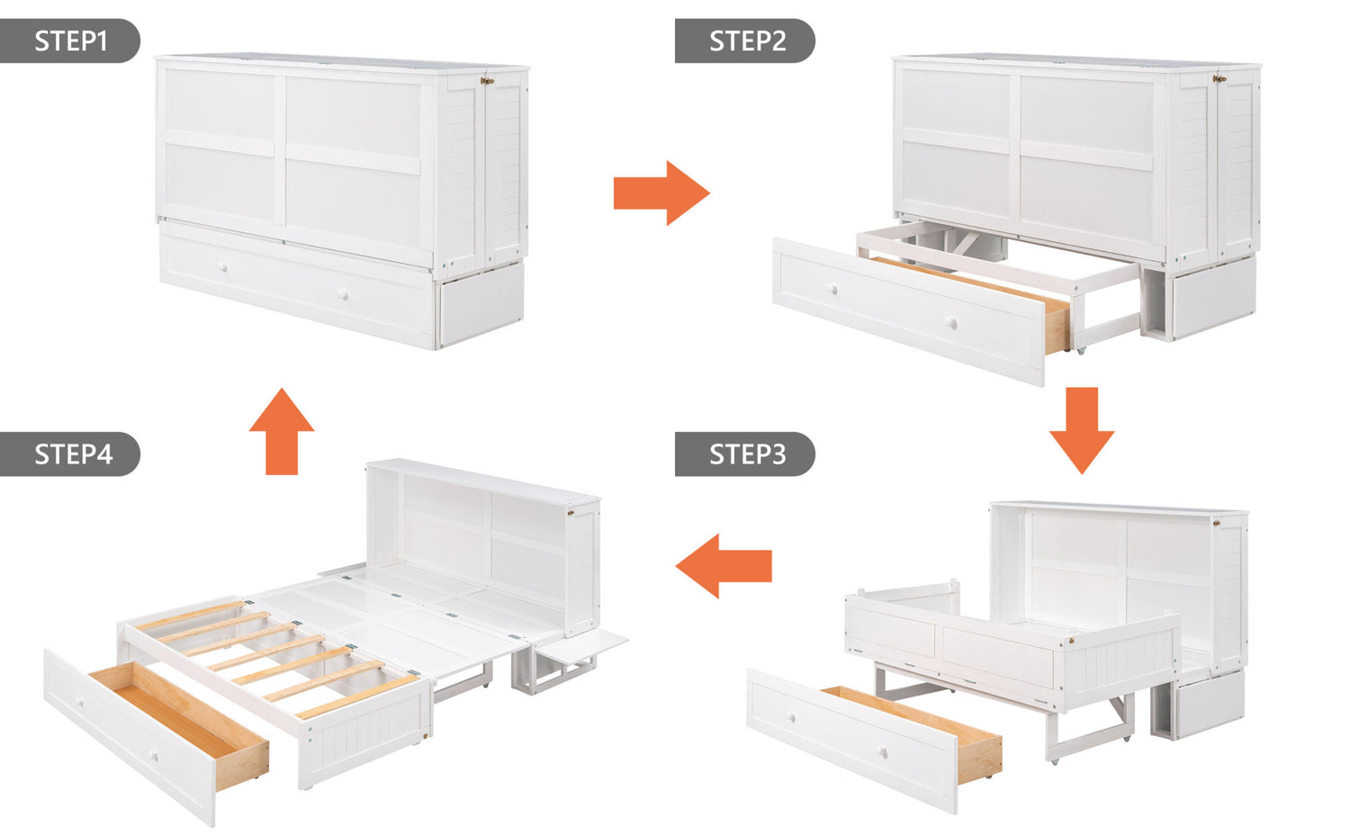 Queen Size Murphy Bed with Drawer and Little Shelves on Each Side, White