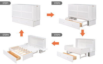 Queen Size Murphy Bed with Drawer and Little Shelves on Each Side, White