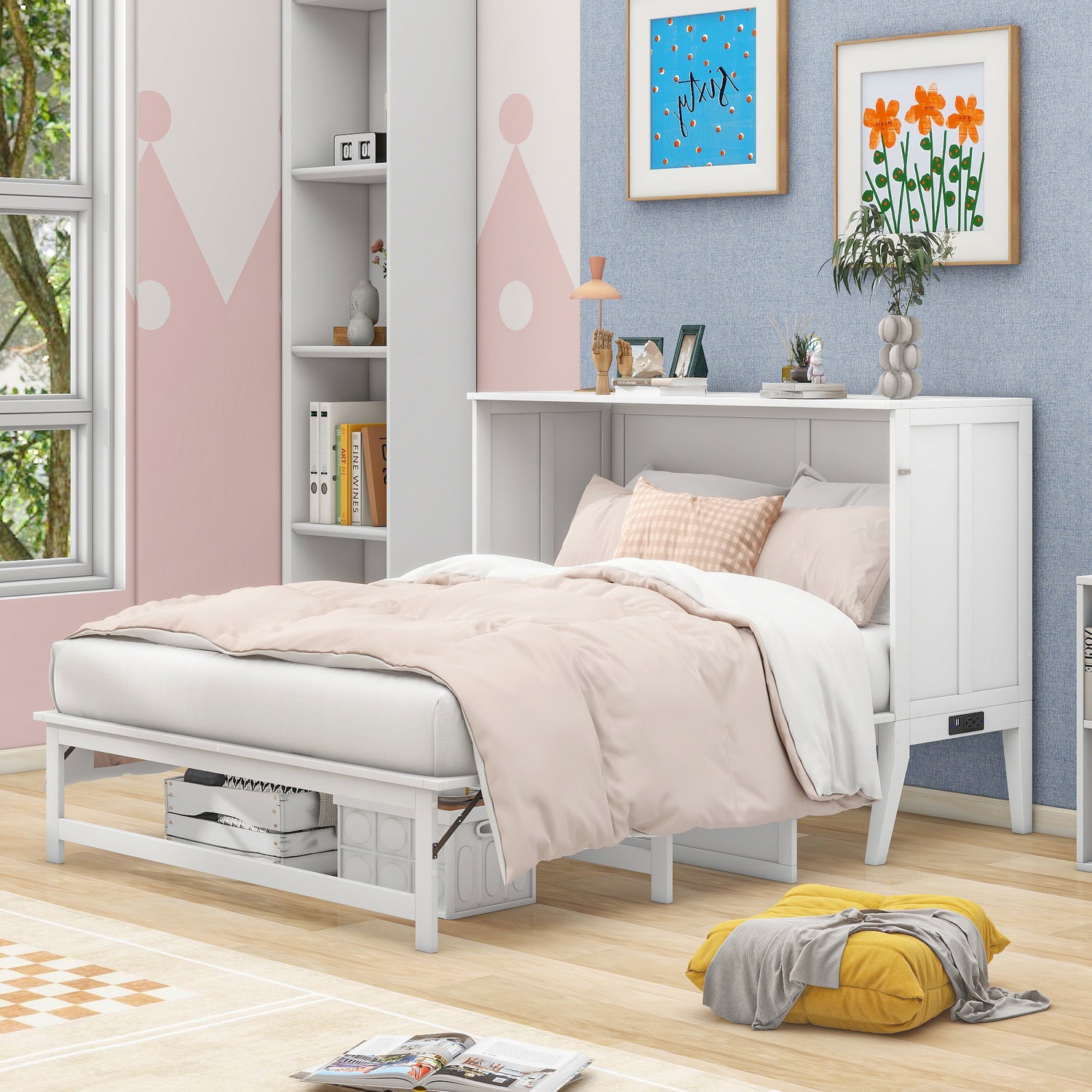 Queen Size Murphy Bed with Built-In Charging Station and a Shelf, White