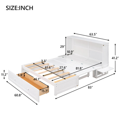 Queen Size Murphy Bed with Drawer and Little Shelves on Each Side, White