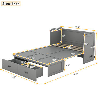 Full Size Murphy Bed with USB Port and a Large Drawer, Gray