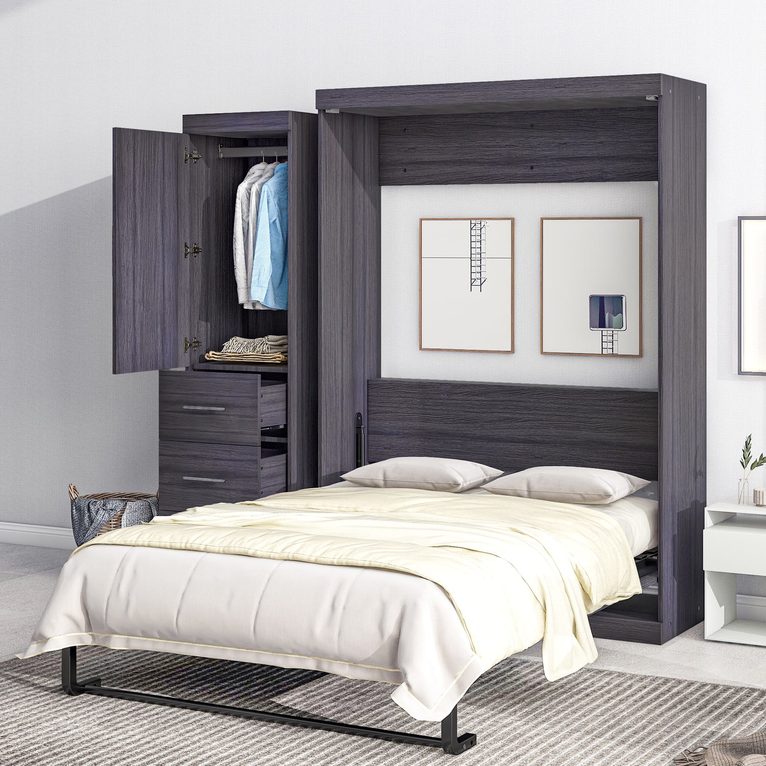 Full Size Murphy Bed with Wardrobe and Drawers, Gray