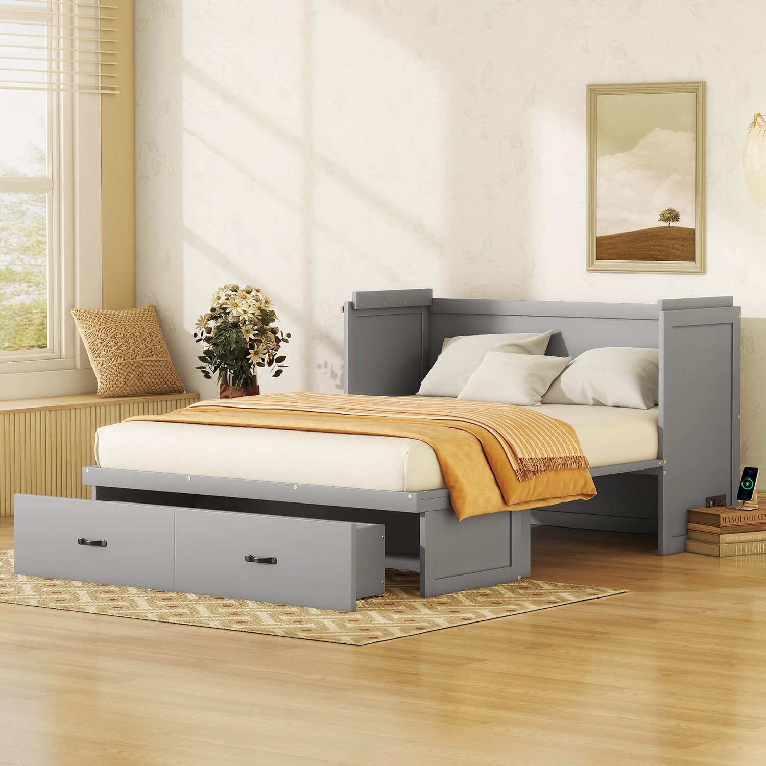 Queen Size Murphy with USB Port and a Large Drawer, Gray