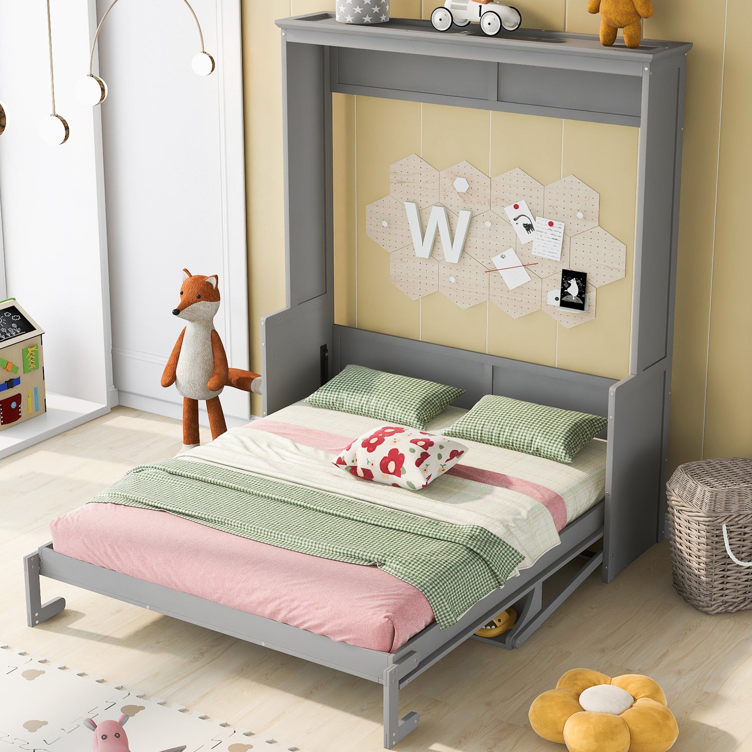 Queen Size Murphy Bed with a Shelf, Gray