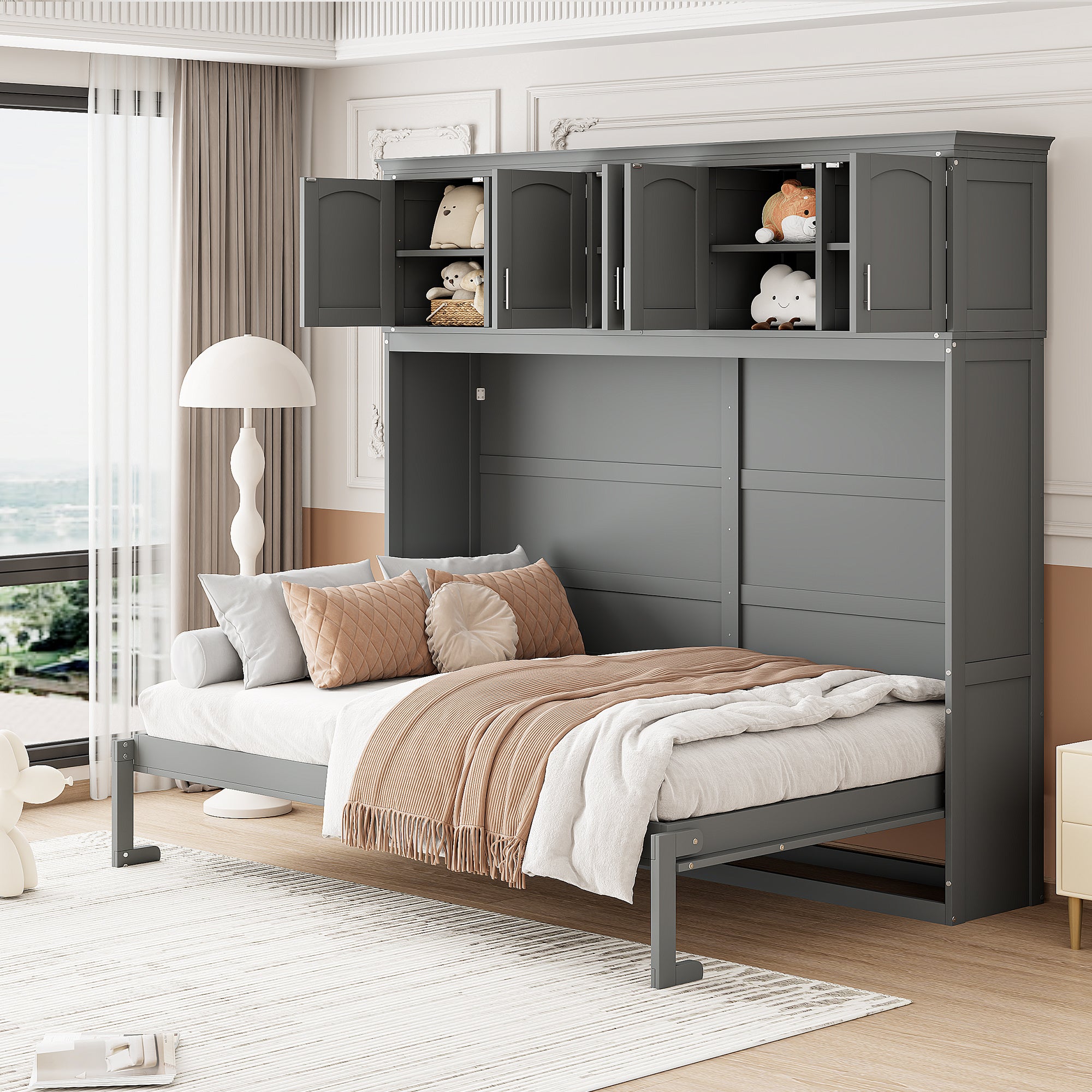 Queen Size Murphy Wall Bed with Top Cabinets, Gray