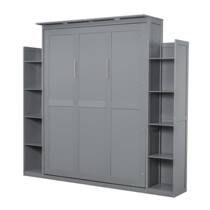 Queen Size Murphy Bed Wall Bed with Shelves and LED Lights,Gray