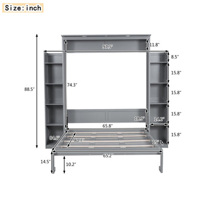 Queen Size Murphy Bed Wall Bed with Shelves and LED Lights,Gray