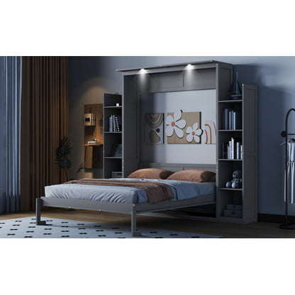 Queen Size Murphy Bed Wall Bed with Shelves and LED Lights,Gray